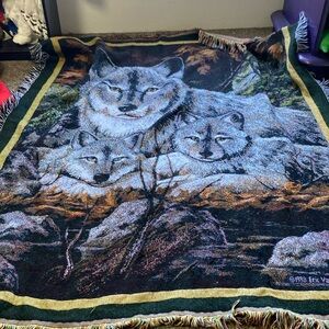 Vintage American Weavers Made in USA Wolf Throw Tapestry Blanket 50x60